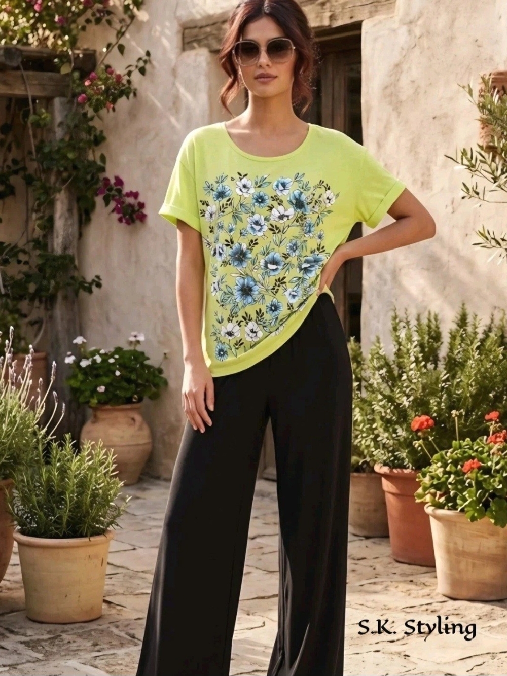 Woman Within Green Floral Slub Knit T-Shirt Short Cuff Sleeve size 18/20 Large